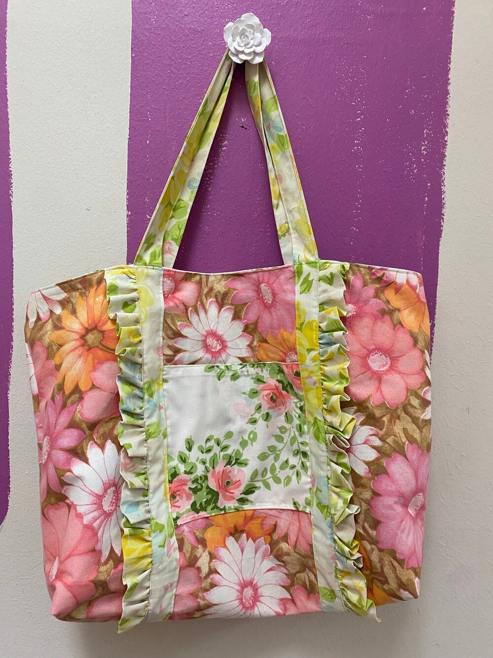 Upcycled Vintage Bag Floral Large Tote Handmade Sustainable Upcycling Retro